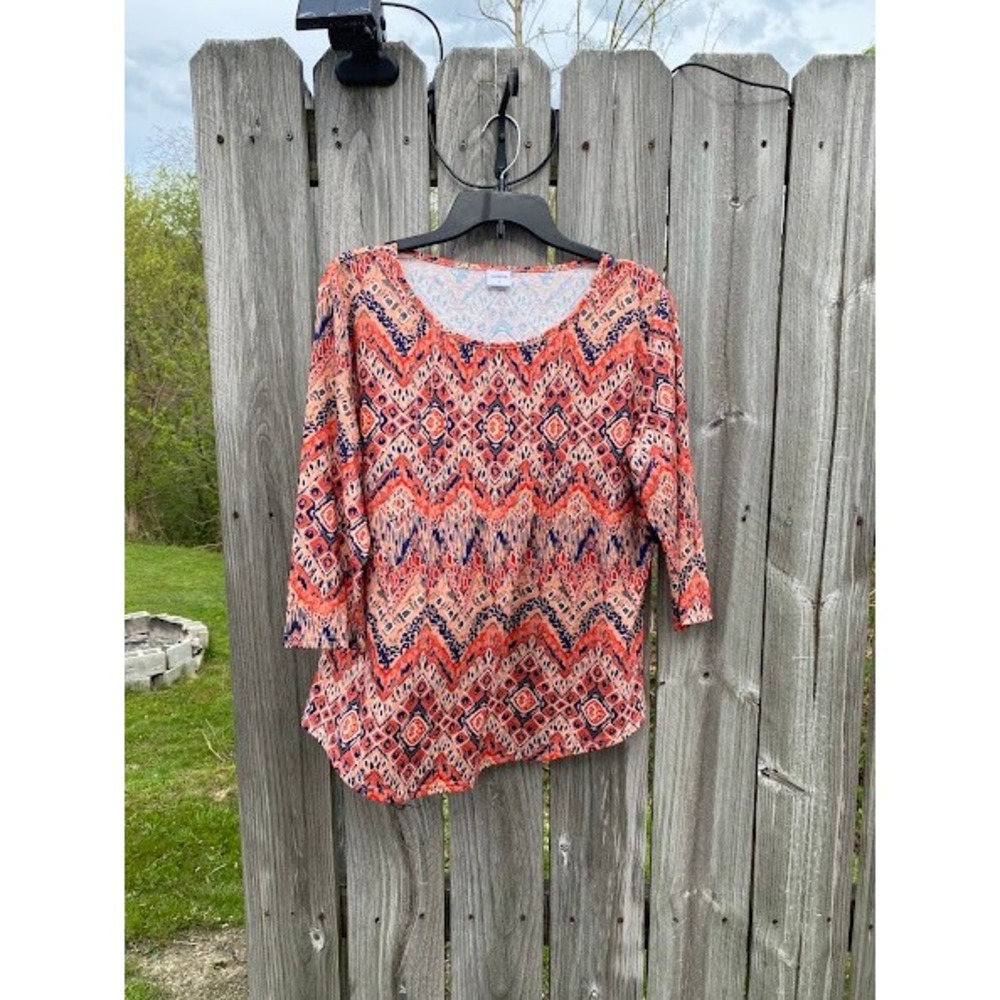 XIEERDUO Womens Orange Blue‎ Ikat Chevron 3/4 Sleeve Pleated Scoop Neck Top L